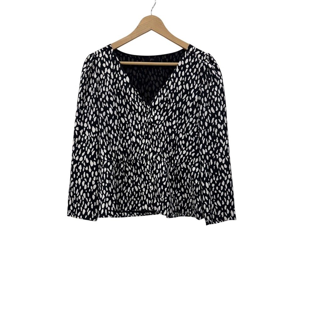 J.Crew Black & White Abstract Print Peplum Blouse Size 4 Long Sleeve V-Neck